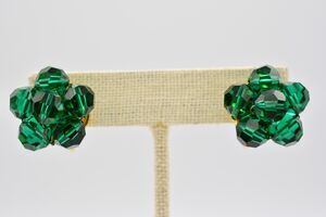 Excel Vintage Crystal Clip On Earrings Green Cluster Gold Sparkling Signed Bin1